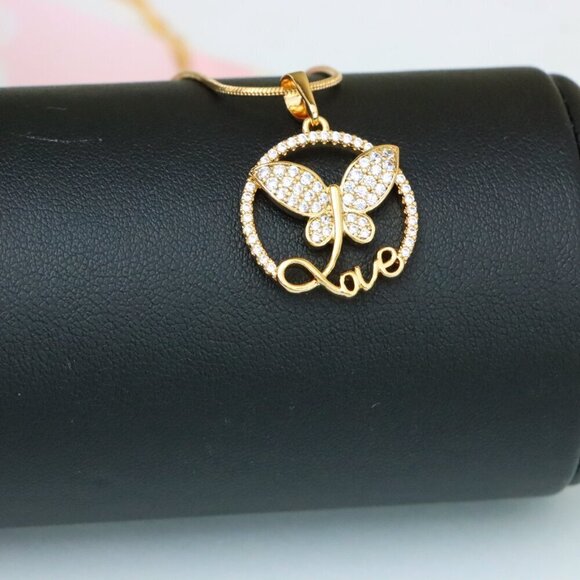 "Rose Gold Butterfly Pendant with Crystals and 'Love' Design, XPPT1478 - Picture 3 of 13